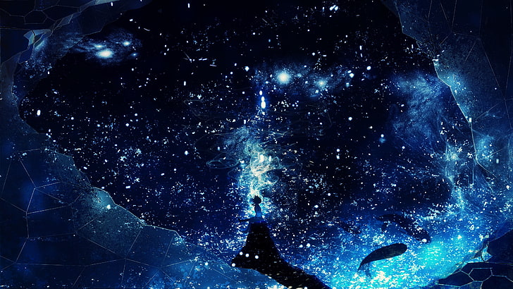 galaxy digital wallpaper, girl, space, fantasy, whales, Y_Y, night