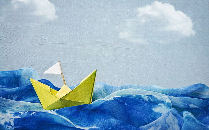 Paper boat on fabric waves, white paper boat, artistic, 1920x1200