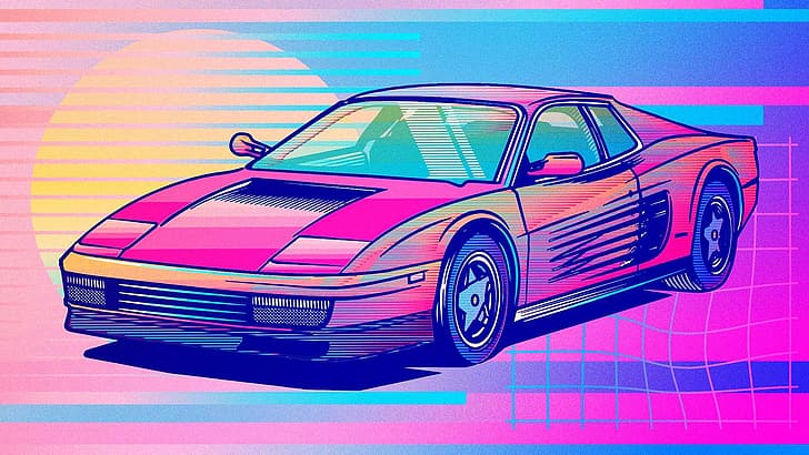 synthwave, vaporwave, Ferrari Testarossa, 1980s, pop-up headlights