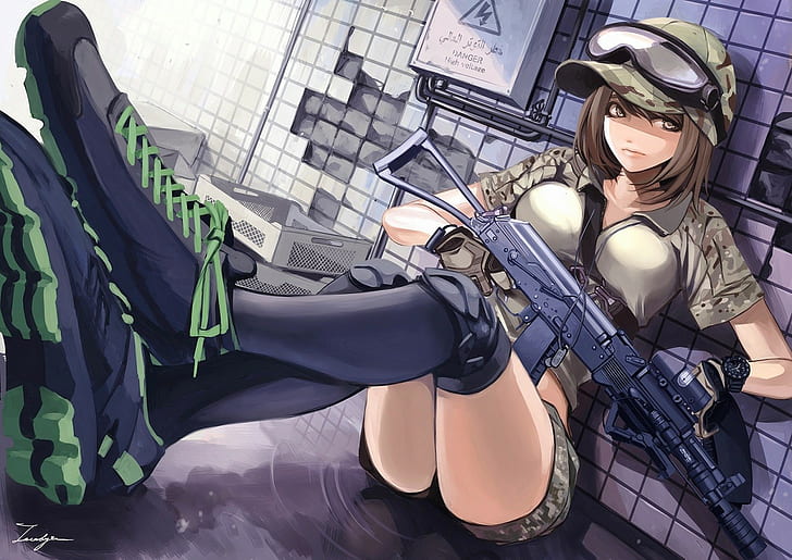 anime, anime girls, weapon, gun, short hair, hat, uniform