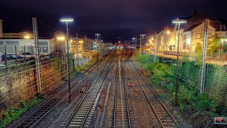 black train track, cityscape, trier (city), railway, night, rail transportation