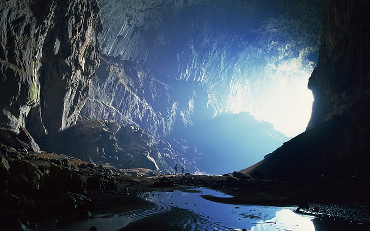 brown cave, rock, cliff, water, dark, Malaysia, nature, landscape, HD wallpaper