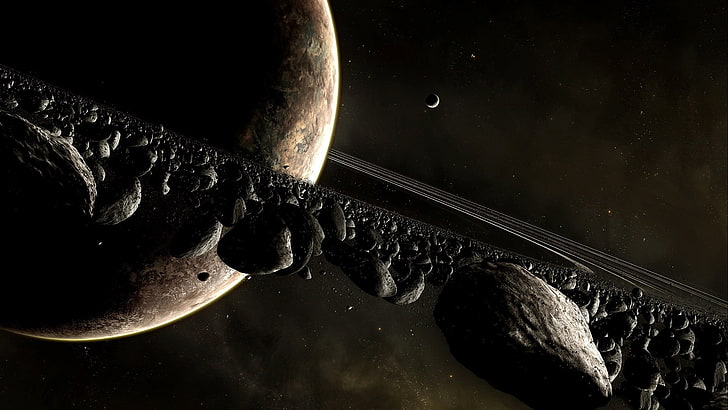 black meteors and brown planet, digital art, space, asteroid