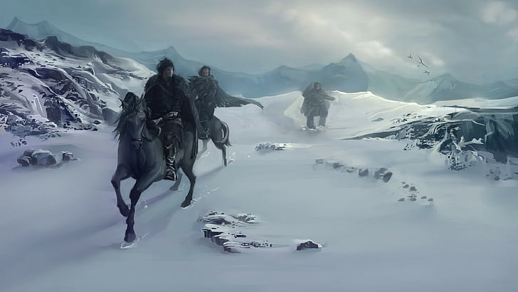 three men riding on horse running on snowfield, Game of Thrones