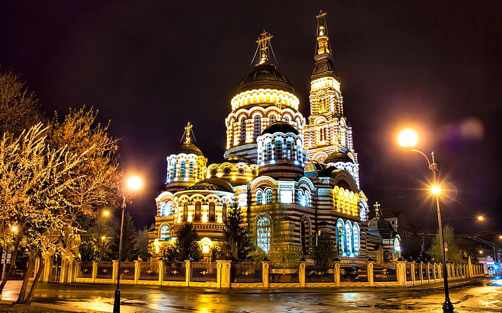 gray concrete tower building, russia, kharkiv, cathedral, evening