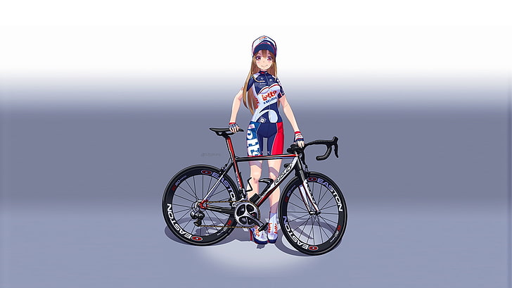 anime girl, sports, bicycle, hat, one person, transportation