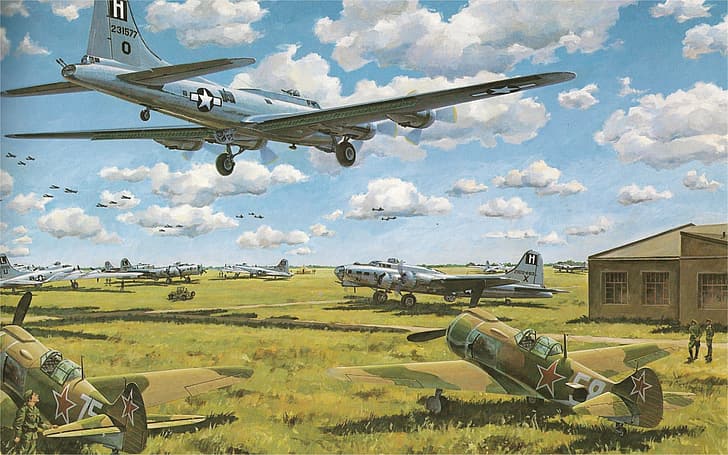 the sky, clouds, war, fighter, Boeing, bomber, Art, the airfield