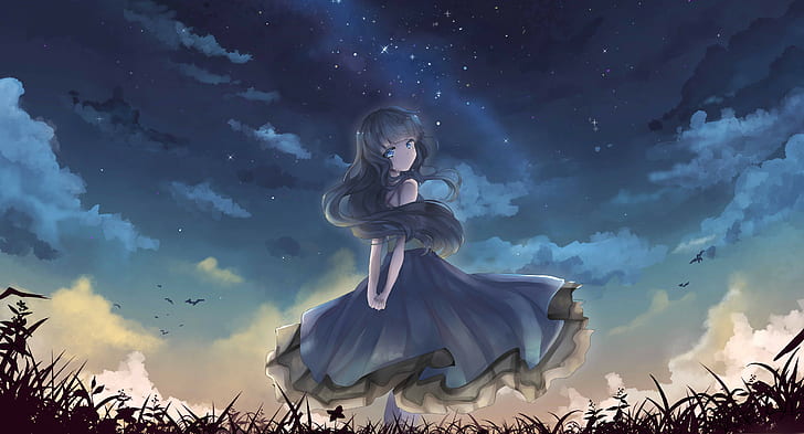 night, blue dress, anime girls