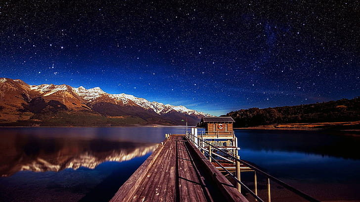 pier, stars, footbridge, new zealand, lake wakatipu, starry sky, HD wallpaper