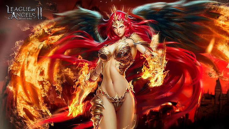 League of Angels 2 characters Mikaela Angel girl Skill magic red long hair magic fire art HD Wallpaper 3840×2160, HD wallpaper