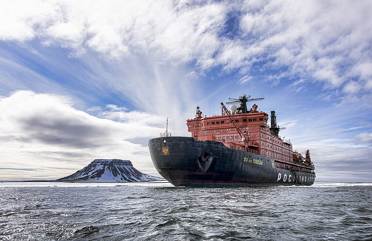 black and red cargo ship, Arctic, Rosatom, nuclear, Nuclear-powered icebreaker, HD wallpaper