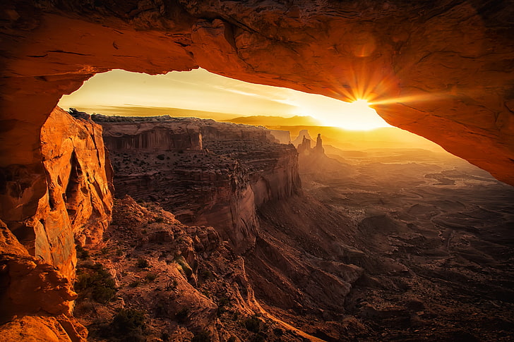 rock formations during golden hour, landscape, cave, sun rays, HD wallpaper