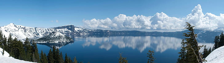 dual monitors, reflection, lake, crater lake, multiple display