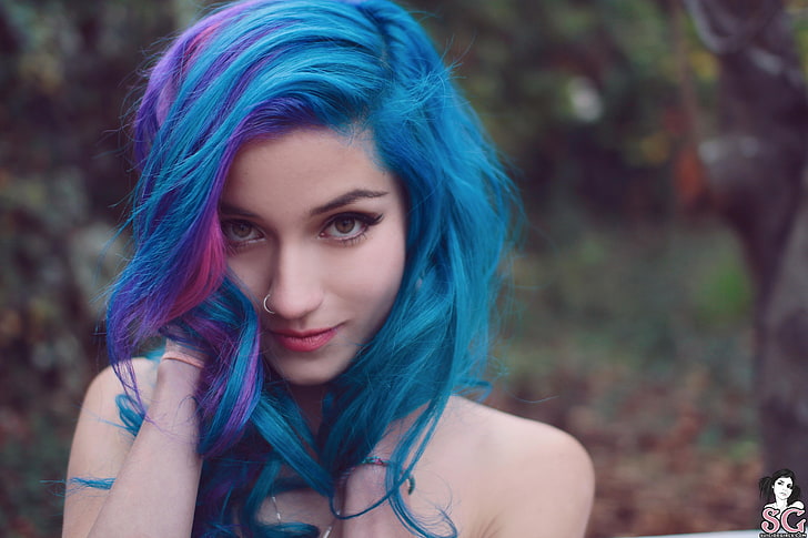 woman's blue and purple hair, woman with blue and pink hair, dyed hair, HD wallpaper