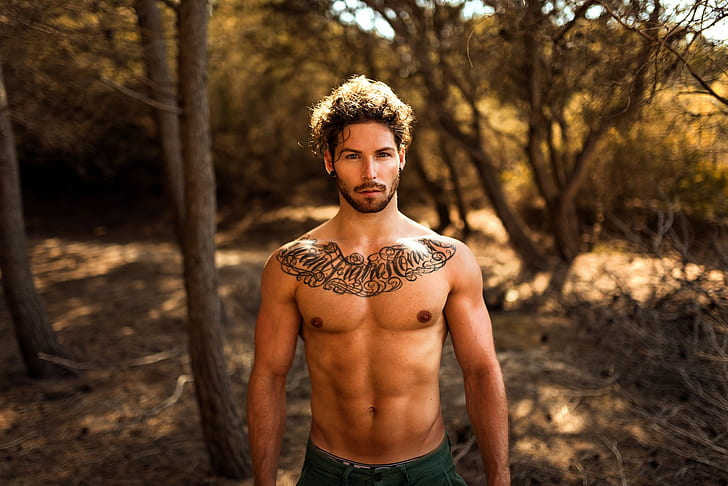 men outdoors, model, 500px, Miro Hofmann, tattoo, shirtless, HD wallpaper