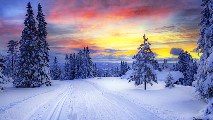 nature, landscape, scandinavia, snow, sky, water, tree, travel, HD wallpaper