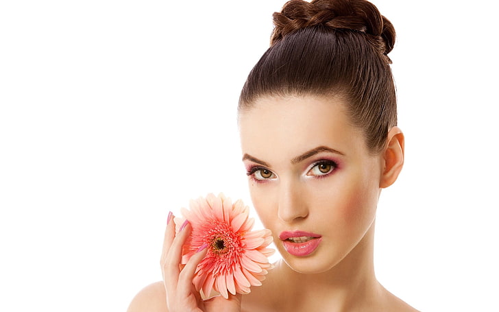 HD wallpaper: pink gerbera daisy flower, brunette, model, hair, makeup,  face | Wallpaper Flare