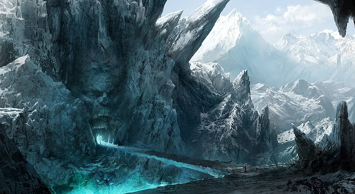 mountain with bridge digital wallpaper, cave, ice, mountains
