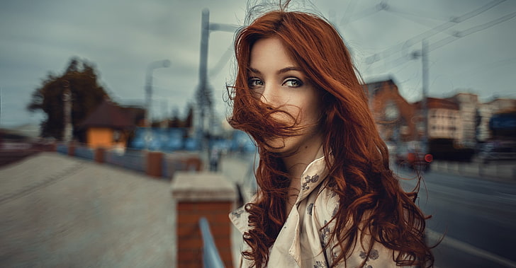 redhead, looking away, women, young adult, portrait, long hair, HD wallpaper