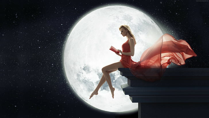 girl, moon, book, red, dress, night, 4k pics