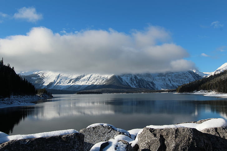 photo of snowy mountain with clouds during daylight, upper kananaskis lake, upper kananaskis lake