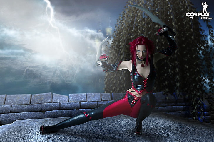 woman wearing red and black cosplay costume, women, redhead, sword, HD wallpaper