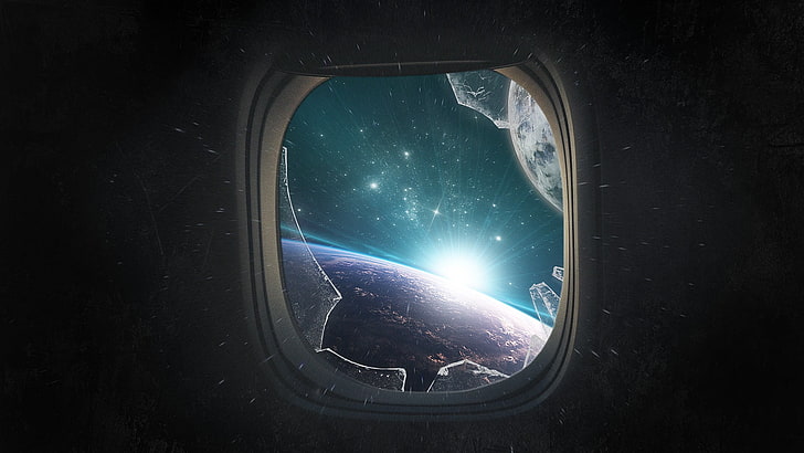 broken plane window with universe graphic wallpaper, space art