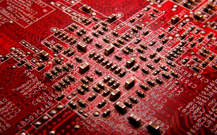 red and red circuit board, labels, color, fee, track, printed