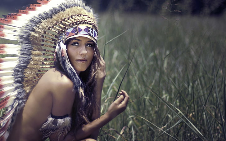 brunette, Headdress, Native Americans, Strategic Covering, women, HD wallpaper