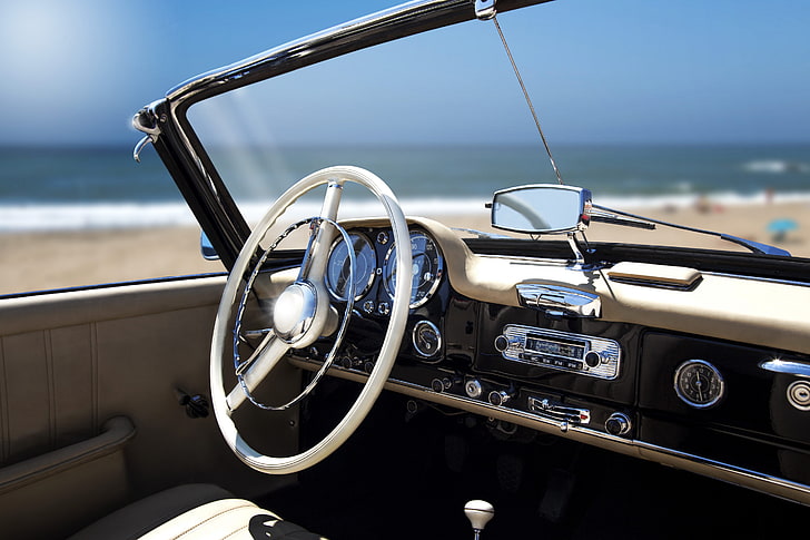 beige and black vehicle interior, beach, retro, the ocean, stay