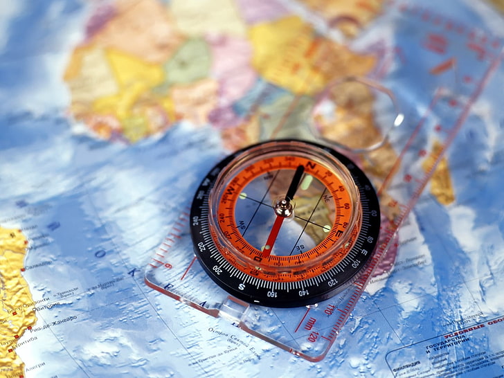 round black navigation compass, map, blue, close-up, direction, HD wallpaper