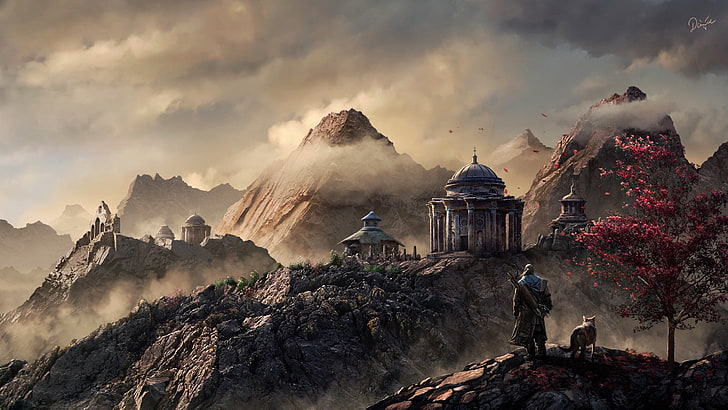 mountains and dome digital wallpaper, ruin, temple, wolf, cloud - sky