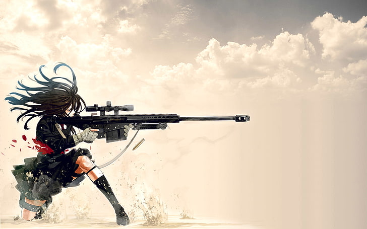 manga, weapon, gun, one person, sky, military, rifle, nature, HD wallpaper