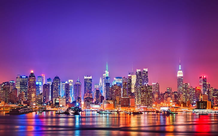 City of New York at night, skyscrapers, buildings, water, lights, HD wallpaper