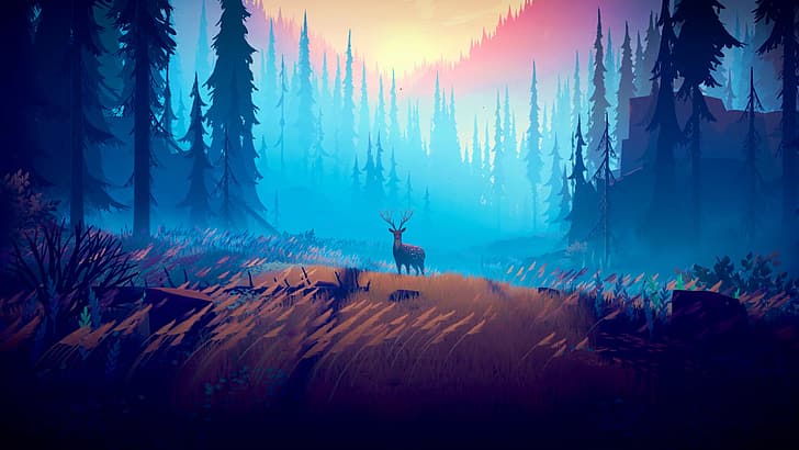 illustration, video game art, deer, forest, trees