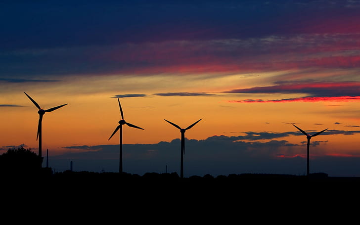 landscape, sunset, wind turbine, wind farm, purple sky