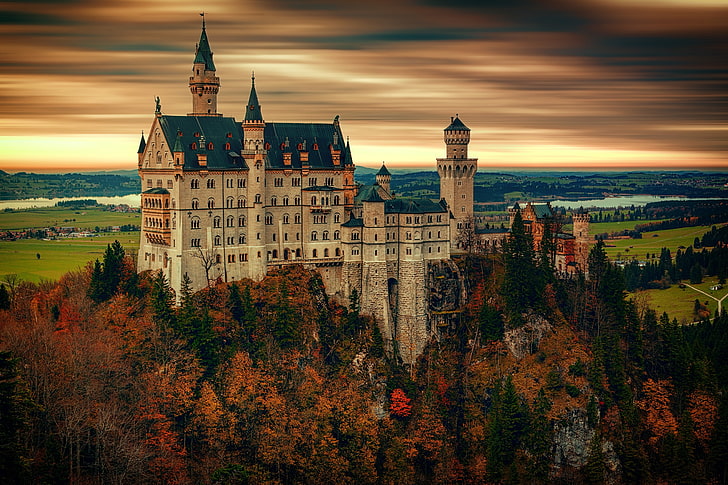 Neuschwanstein castle,Germany, autumn, forest, the sky, clouds, HD wallpaper