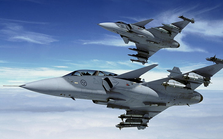 two gray fighter planes, jets, aircraft, JAS-39 Gripen, military aircraft