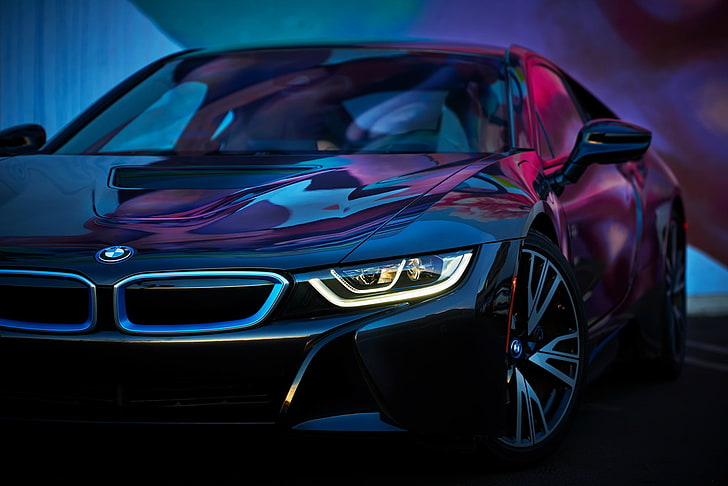 black BMW car, machine, color, view, BMW i8, motor vehicle, mode of transportation, HD wallpaper