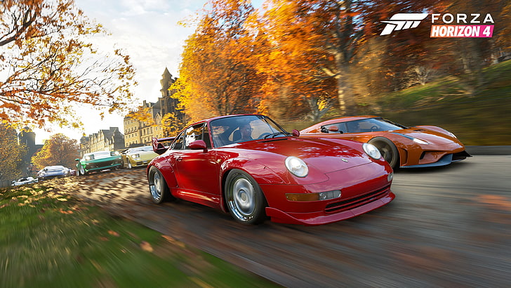 red car, video games, racing, fall, Forza Horizon 4, Porsche