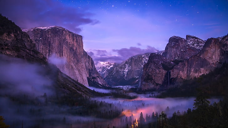 Yosemite National Park, fog, waterfalls, valley, night