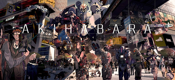 Akihabara illustration, anime screenshot, Gundam, artwork, futuristic, HD wallpaper