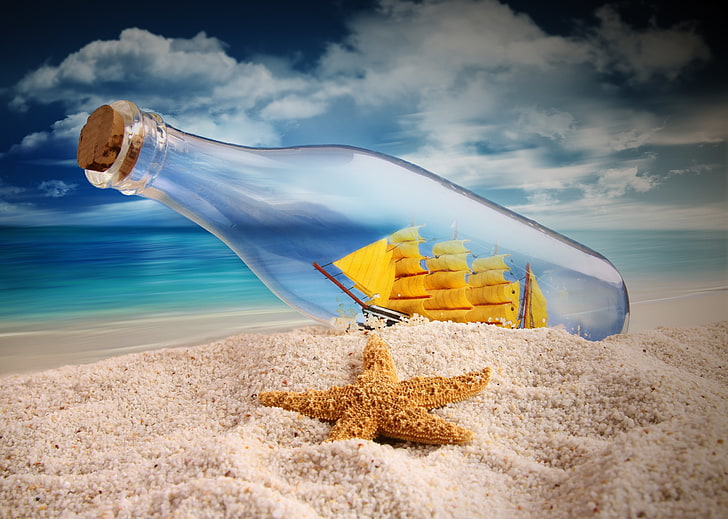 clear glass impossible bottle, sand, sea, the sky, ship, sails