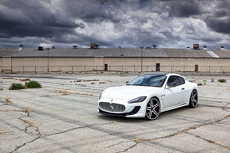 Hd Wallpaper White Sports Coupe Forest Snow Trees Maserati Skid Supercar Wallpaper Flare