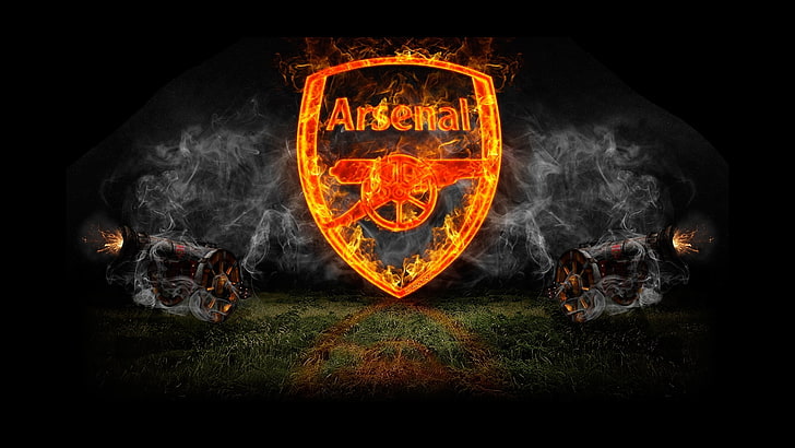orange Arsenal sign, fire, smoke, logo, gun, art, emblem, Football Club