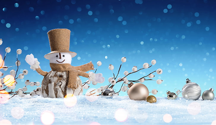 snowman digital wallpaper, winter, snowflakes, New Year, Christmas