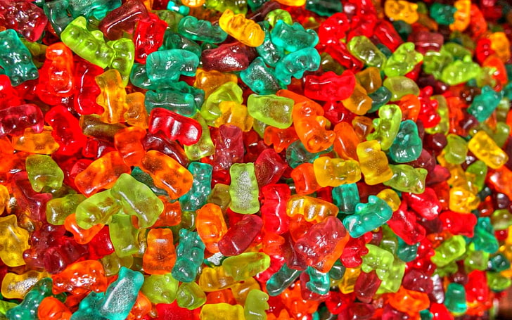 gummy bears, Food, Candy, multi Colored, backgrounds, yellow, HD wallpaper