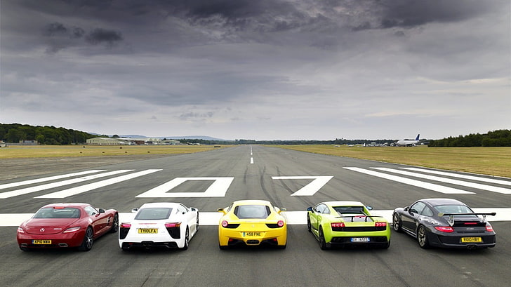 five red, white, yellow, green, and black stock cars, transport, HD wallpaper