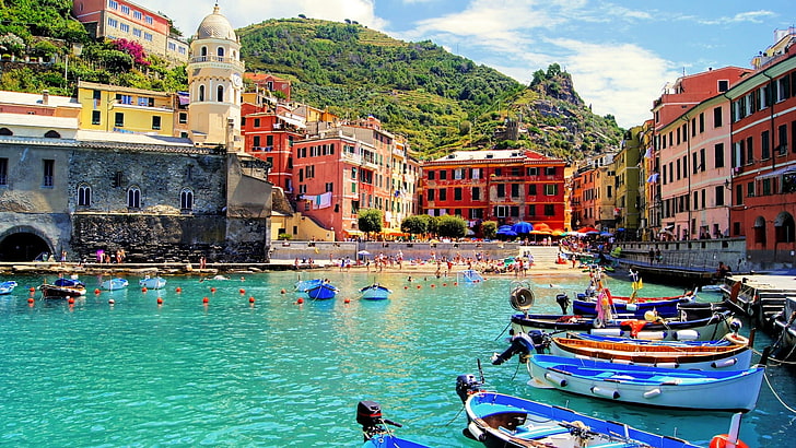 white boat lot, city, Italy, Vernazza, town, cityscape, people