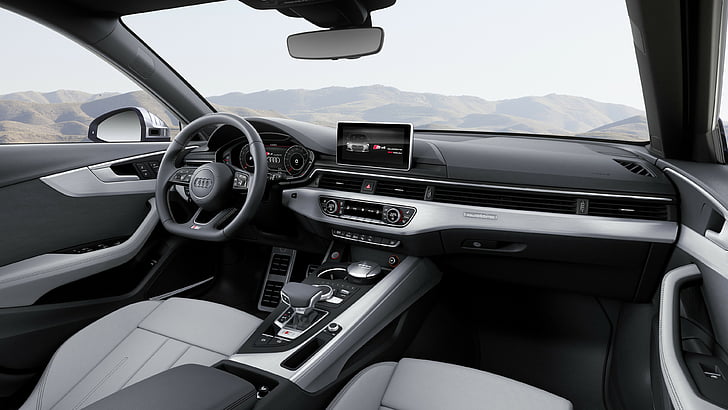 black and grey Audi car interior with 2-DIN stereo, Audi S4 Avant (B9)